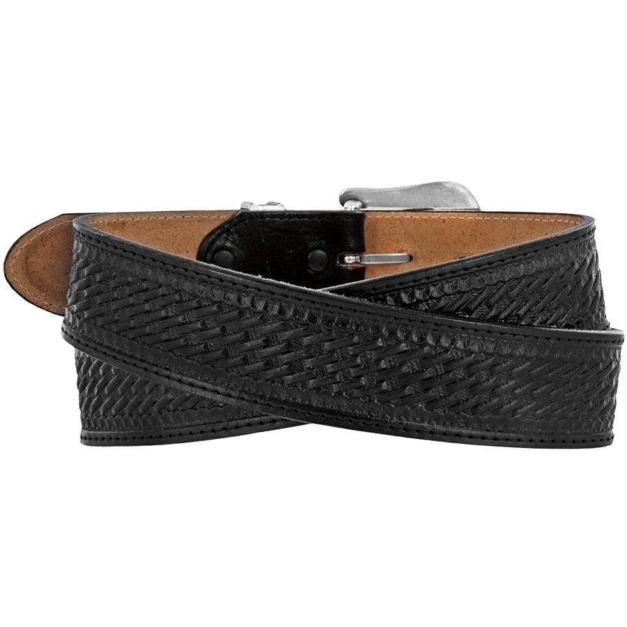 Leegin Justin Bronco Belt in brown leather with embossed design, featuring a silver buckle and casual Western style.