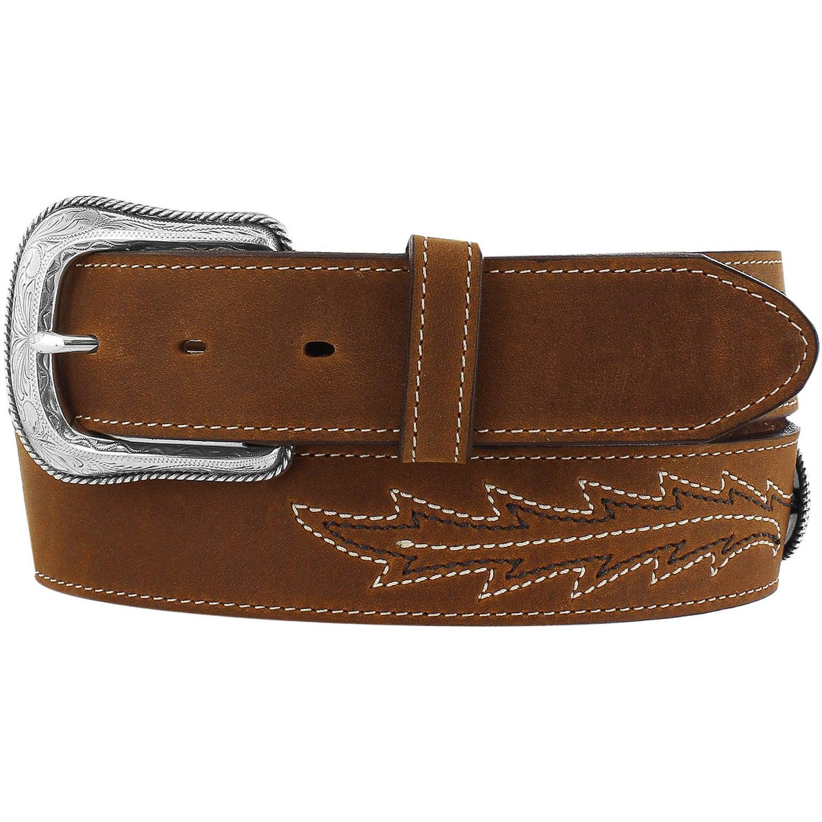 Leather Justin Caddo belt by Leegin with detailed stitching and adjustable buckle, styled for casual or formal wear.
