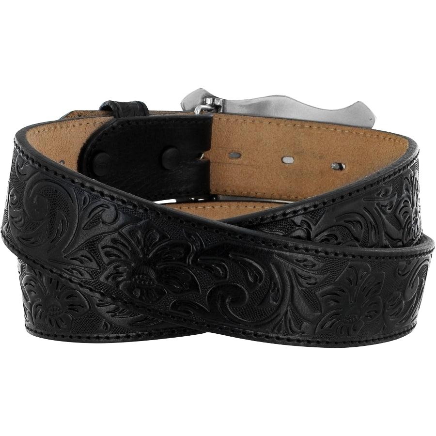 Leegin Justin Classic Longhorn Belt with detailed leather strap and Western-style buckle on a plain background.