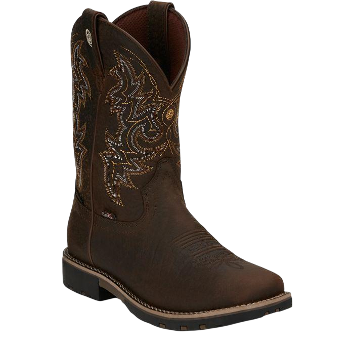 Justin Men's Fireman 11" Waterproof Western Work Boot, Distressed Brown – 3-4 front 2