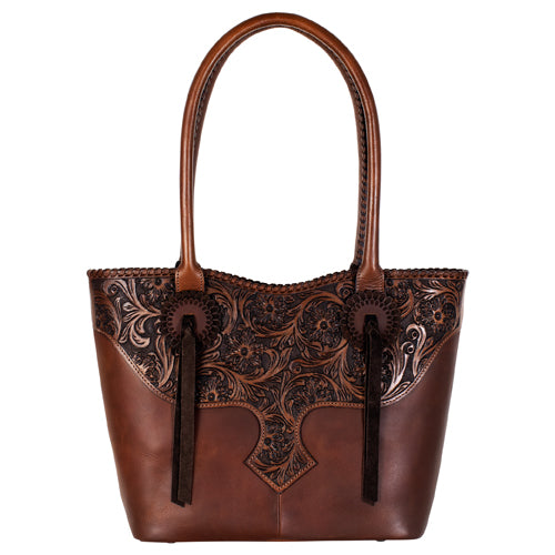 Justin Ladies Genuine Leather Tote Brown with Floral Tooled Yoke