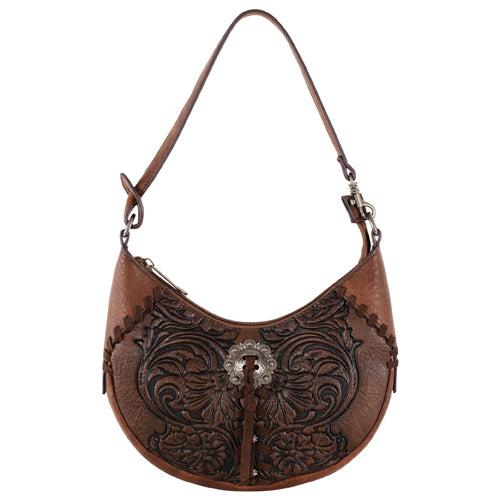 Justin Ladies Shoulder Bag Brown with Floral Emboss and Concho