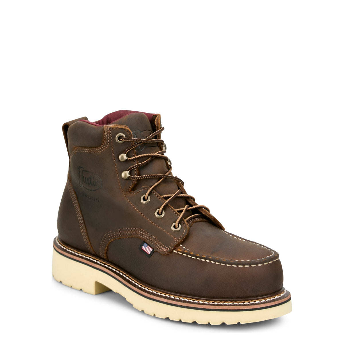 Justin Men's Akron 6" Waterproof Steel Mocc Toe Work Boot, Hickory – 3/4 front