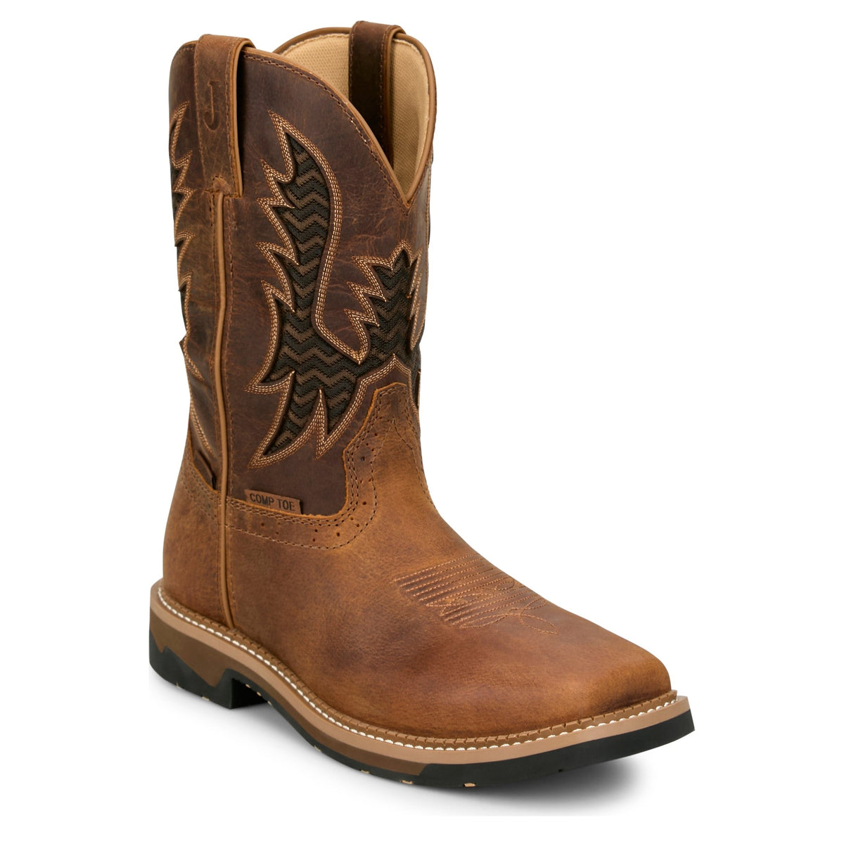 Justin Men's Bolt 11" Waterproof Comp Toe Work Boot, Pecan – 3-4 front