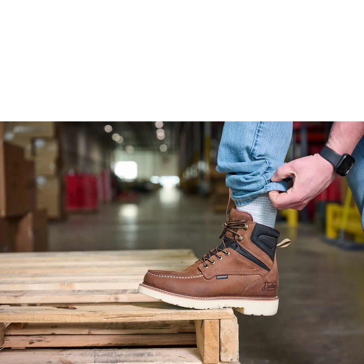 Justin Men's Garren 6" Round Steel Toe Waterproof Work Boot, Brown – lifestyle