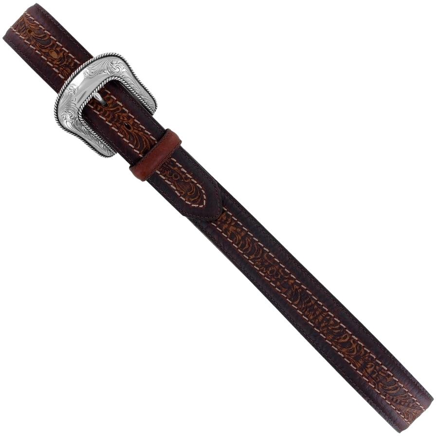 Leather Justin Sheridan belt by Leegin with detailed stitching and classic buckle, styled for casual or formal wear.