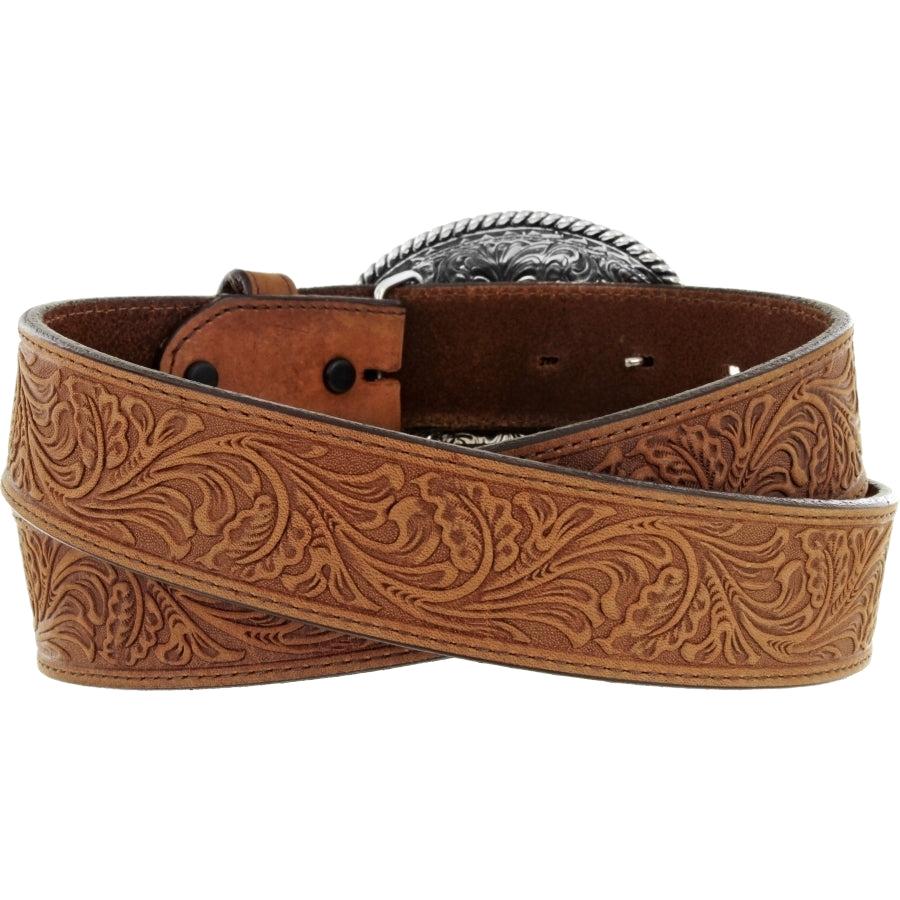 Leegin Justin Trophy Belt Style No. 242CG featuring a leather strap and metal buckle, shown in close-up detail.