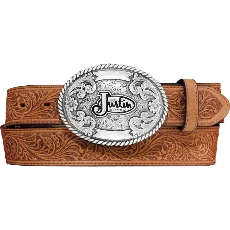 Leegin Justin Trophy Belt Style No. 242CG showing brown leather strap with engraved Justin Trophy design and buckle detail.