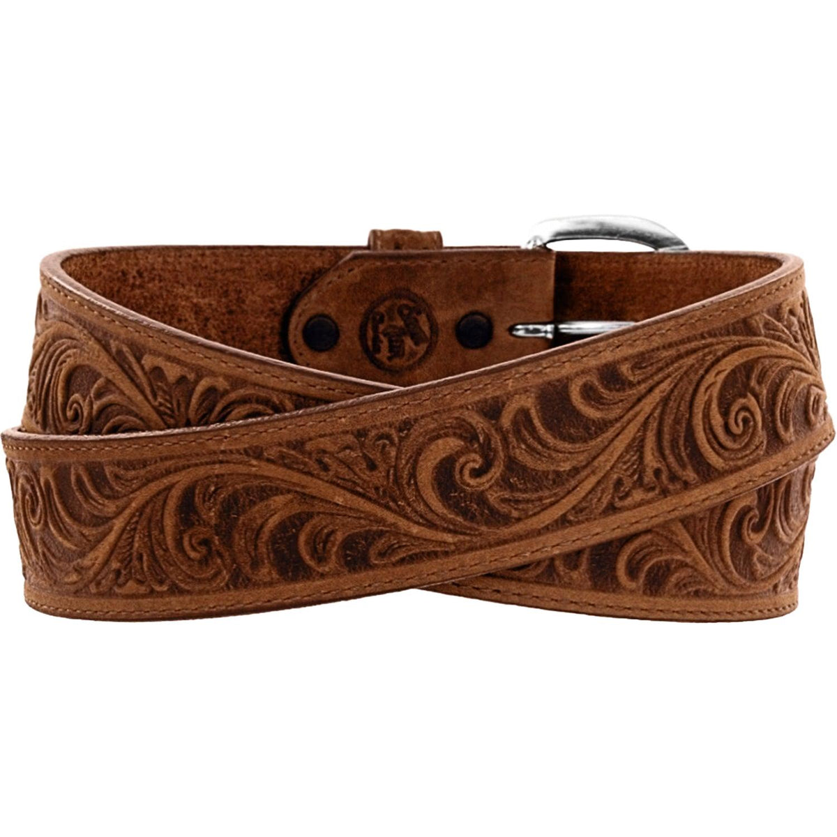 Justin Western Scroll Tooled Belt by Leegin, brown leather belt with Western scroll tooling and intricate embossed design.