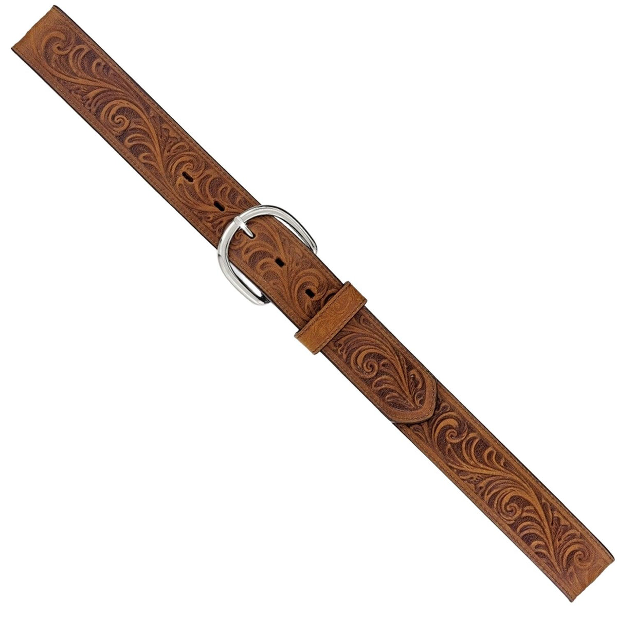 Justin Western Scroll Tooled Belt by Leegin, featuring intricate tooled leather design and western style for durable everyday wear.