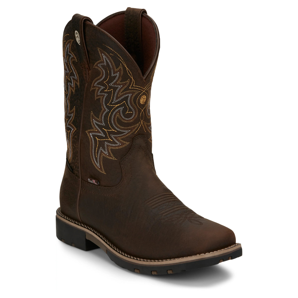 Justin Men's Fireman 11" Waterproof Western Work Boot, Distressed Brown – 3-4 front
