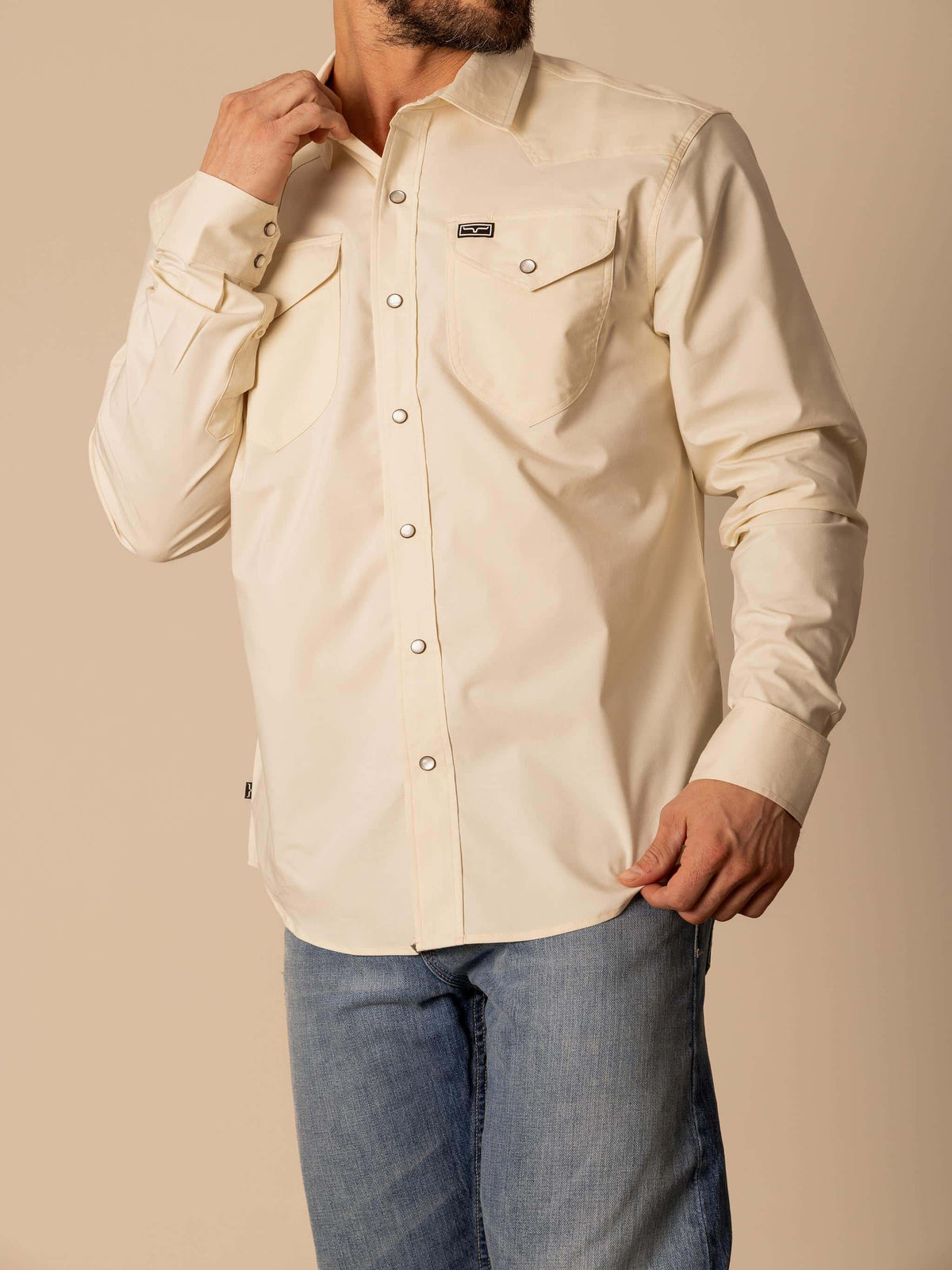 Kimes Ranch Men's Blackout Dress Shirt, Natural – 3-4 front