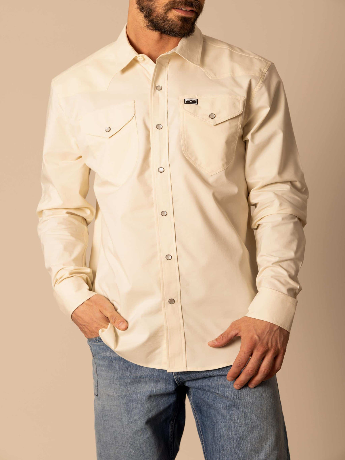 Kimes Ranch Men's Blackout Dress Shirt, Natural – front close-up
