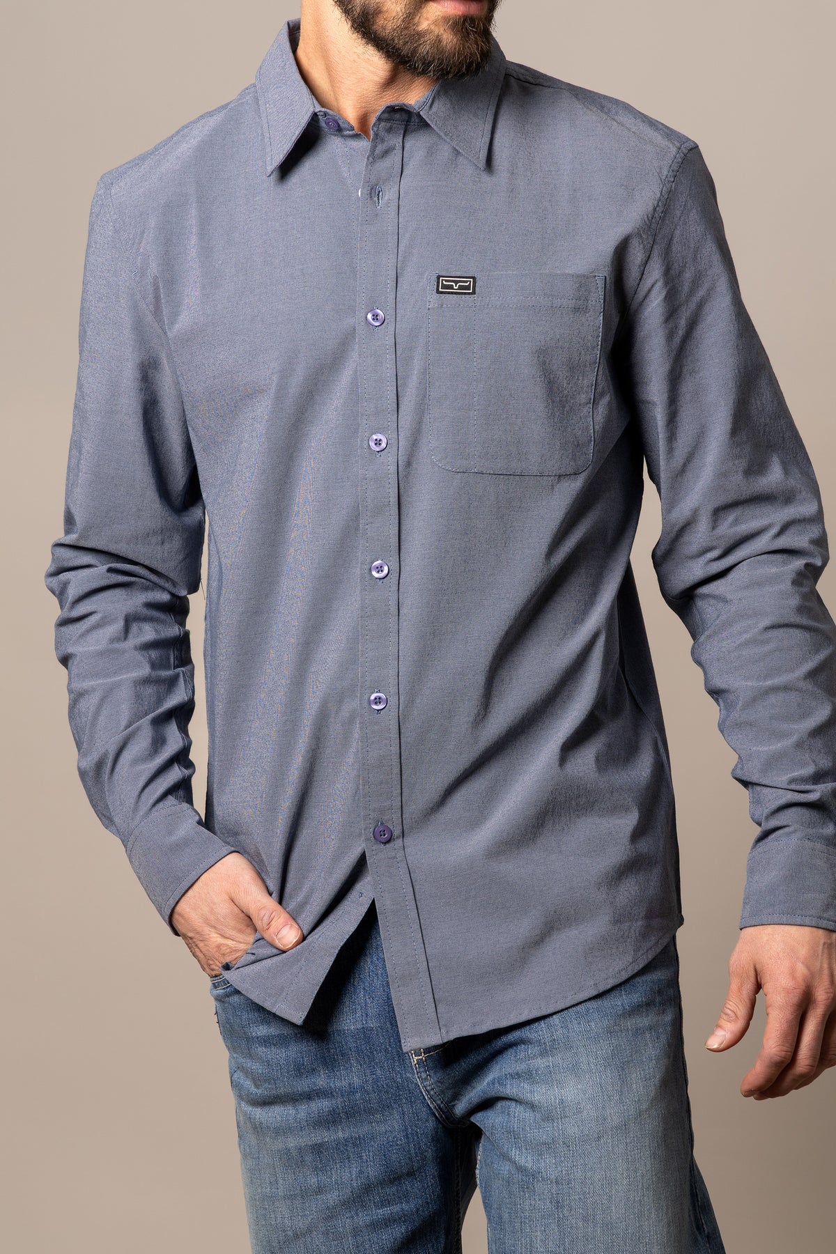 Kimes Ranch Men's Linville Long Sleeve Dress Shirt, Navy – 3-4 front