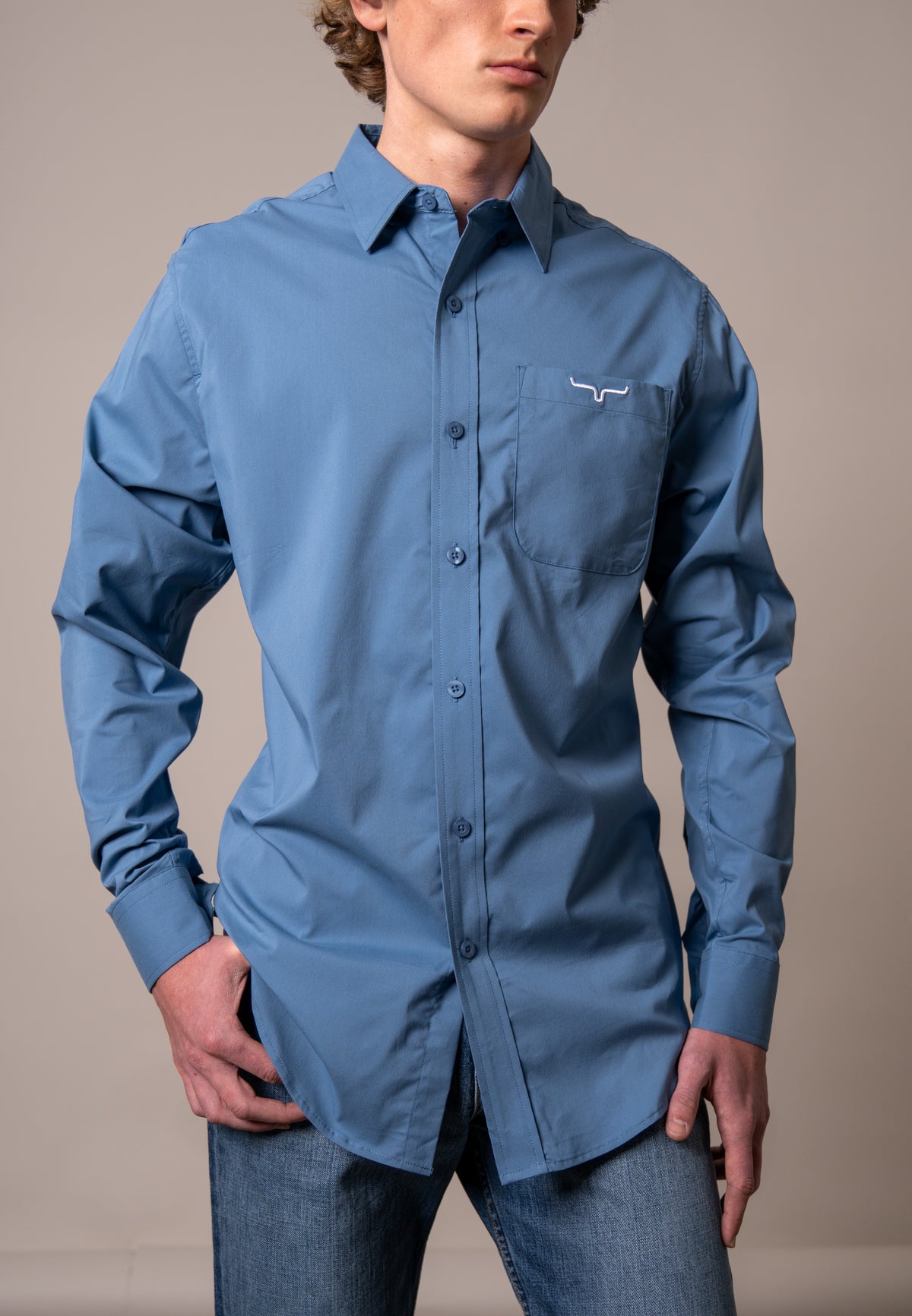 Kimes Ranch Men's Team Shirt, Carbon Blue – 3-4 front