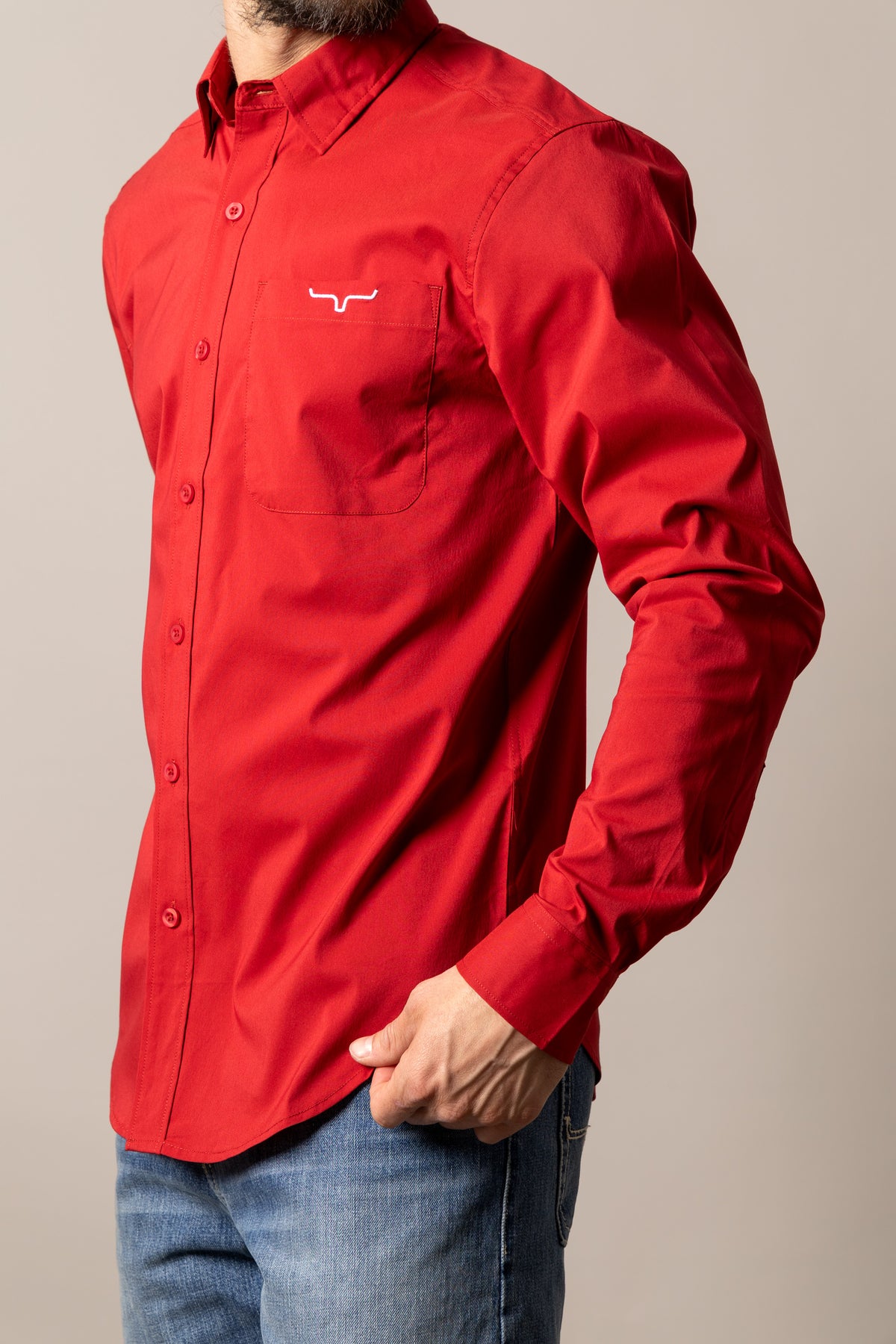 Men's Kimes Ranch Team Dress Shirt in red with a button-down collar and long sleeves, casual and stylish for everyday wear.