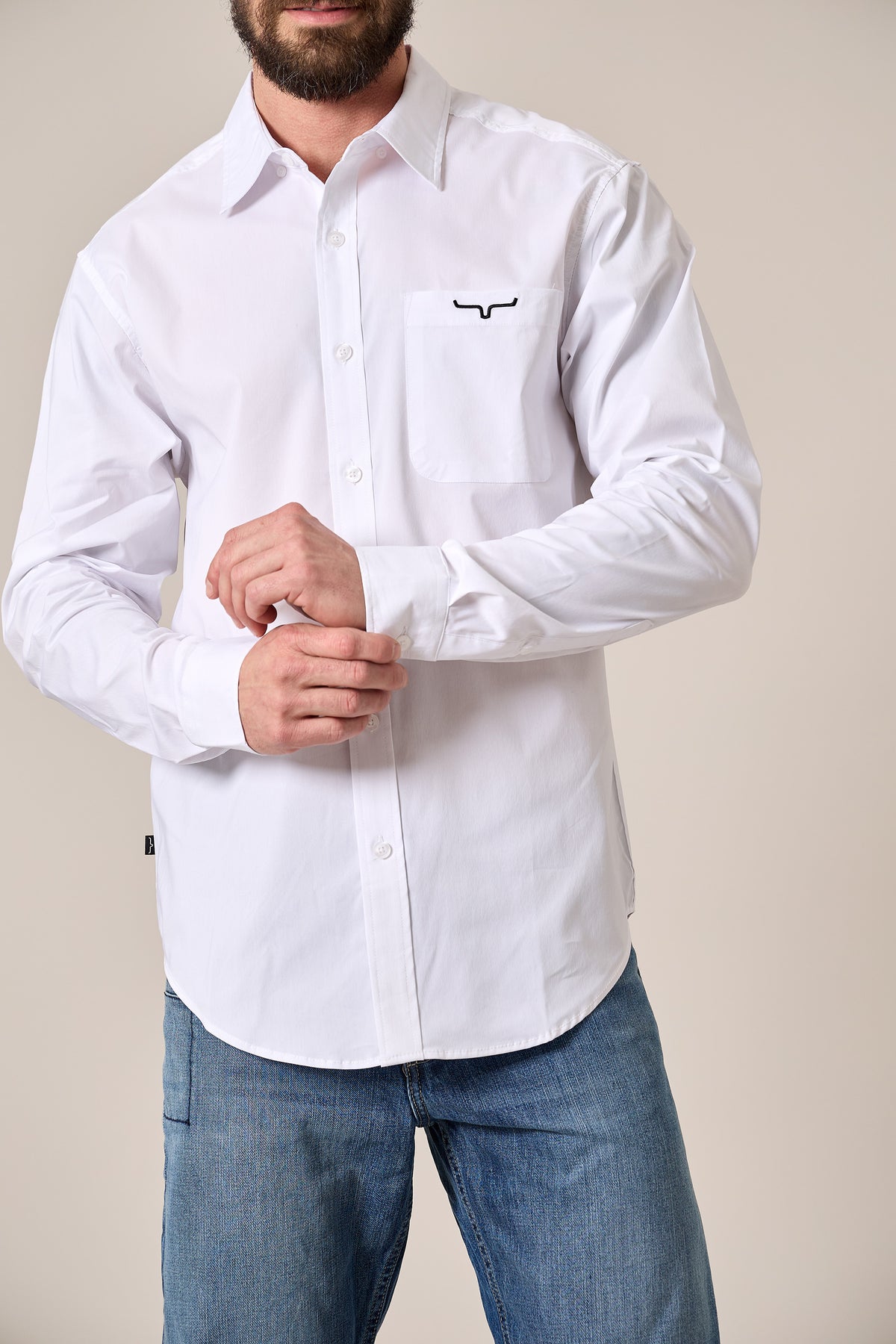 Men's Kimes Ranch Team Shirt in white, featuring a classic Western style with button details and a comfortable fit.