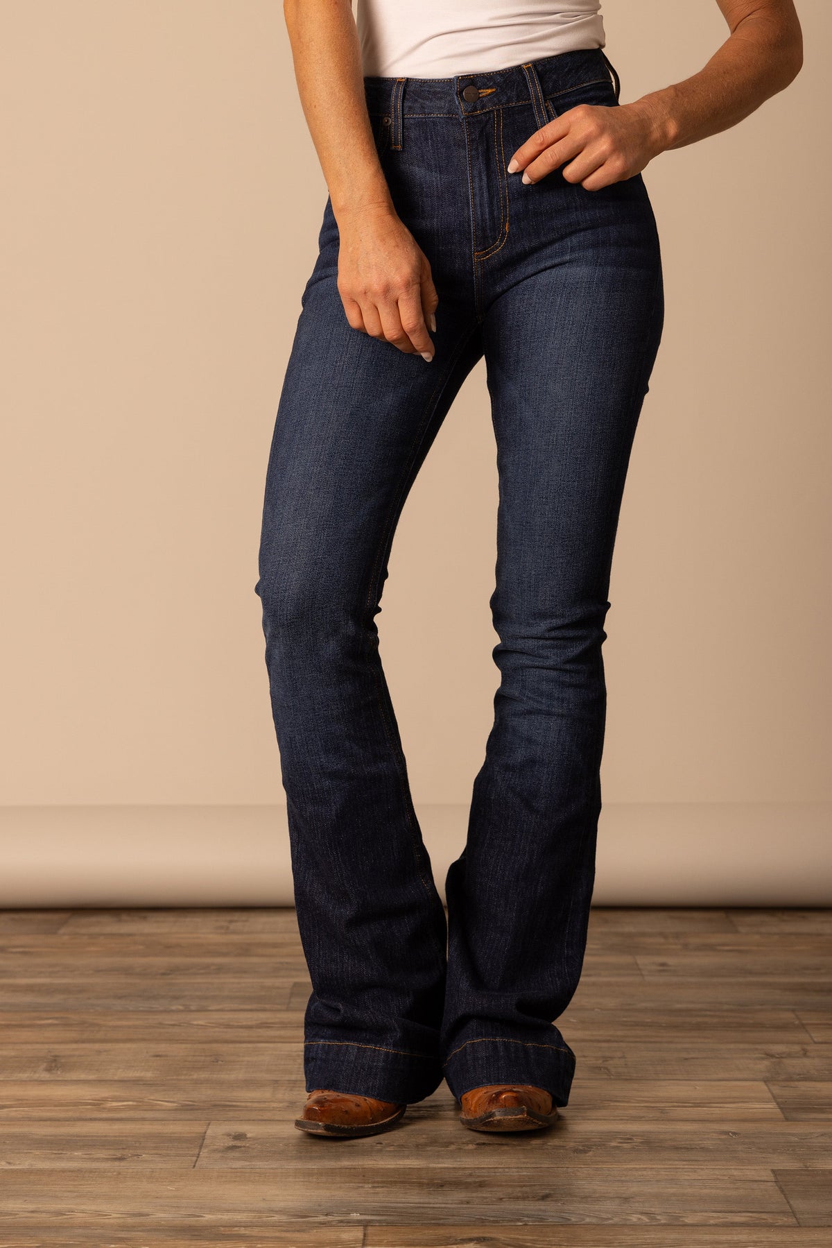 Kimes Ranch Women's Jennifer Jeans in dark wash denim, fitted style with classic five-pocket design and belt loops.