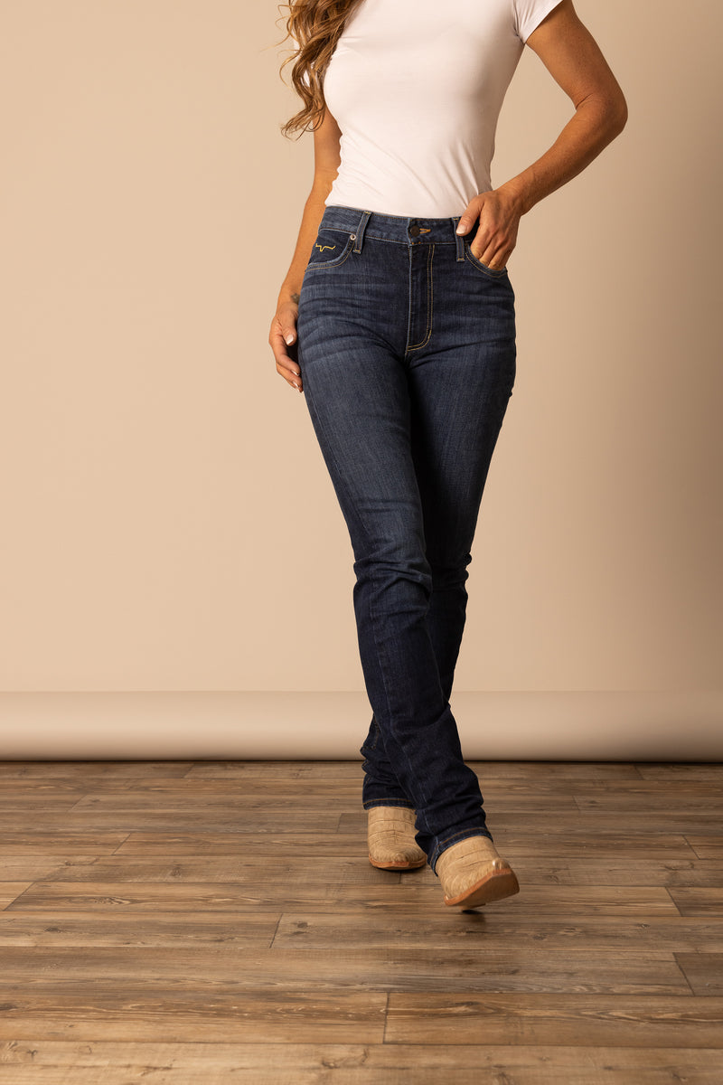 Kimes Ranch Women's Sarah Jeans in dark wash, women's denim with classic fit and stitching, shown on a model.
