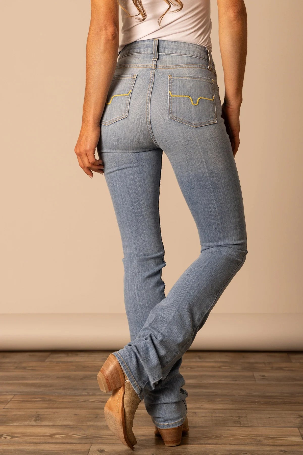 Kimes Ranch Women's Sarah Jeans in light wash denim, featuring classic five-pocket style and slim fit design.