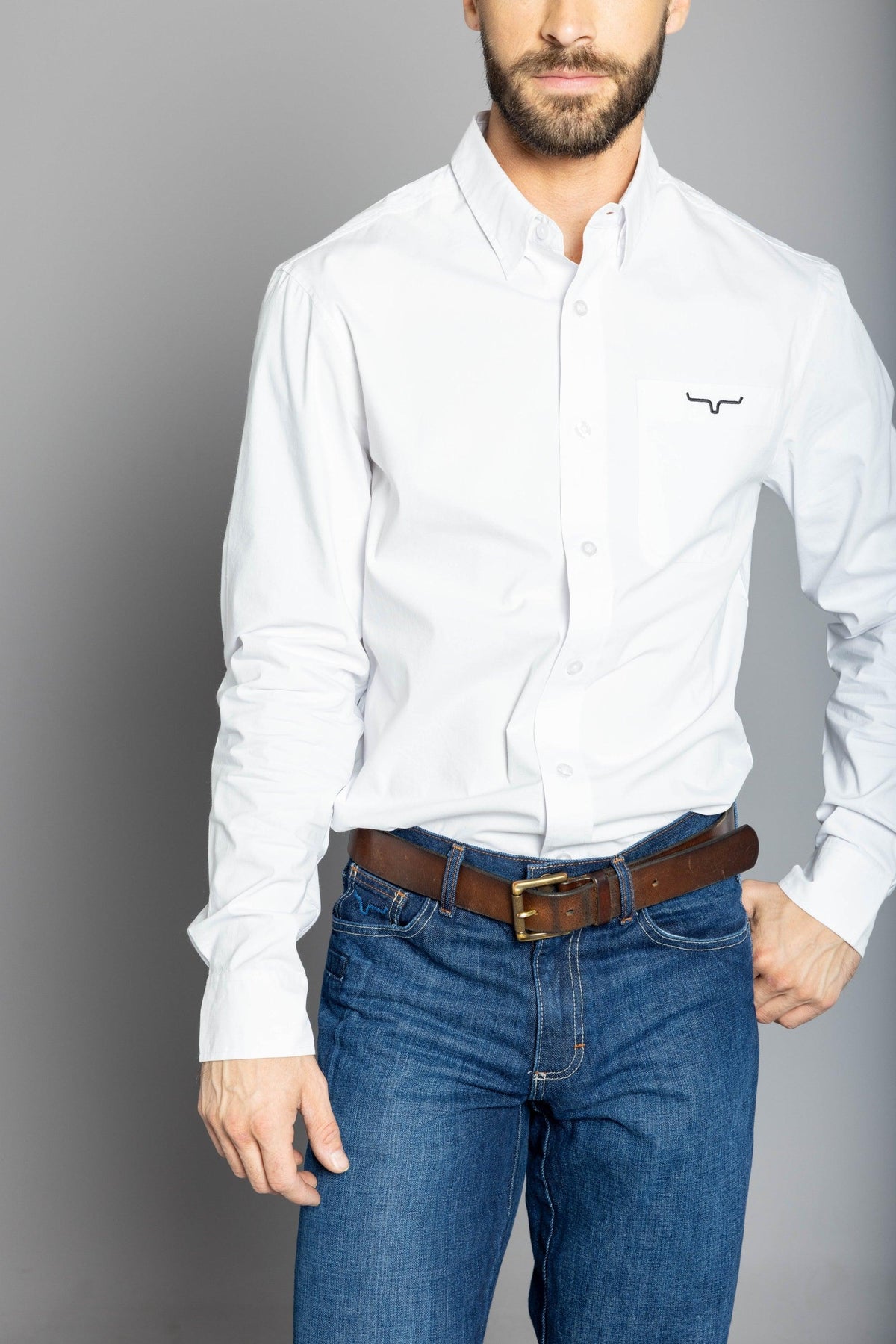 Kimes Ranch Men's Team Dress Shirt, White, Long Sleeve – front, on model