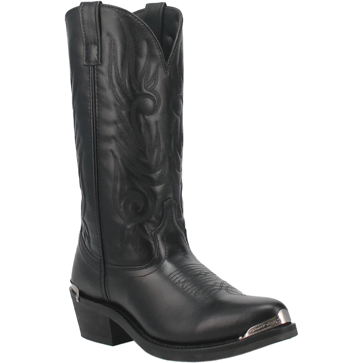 Laredo Men's McComb black leather cowboy boots with pointed toes and decorative stitching, stylish Western footwear.