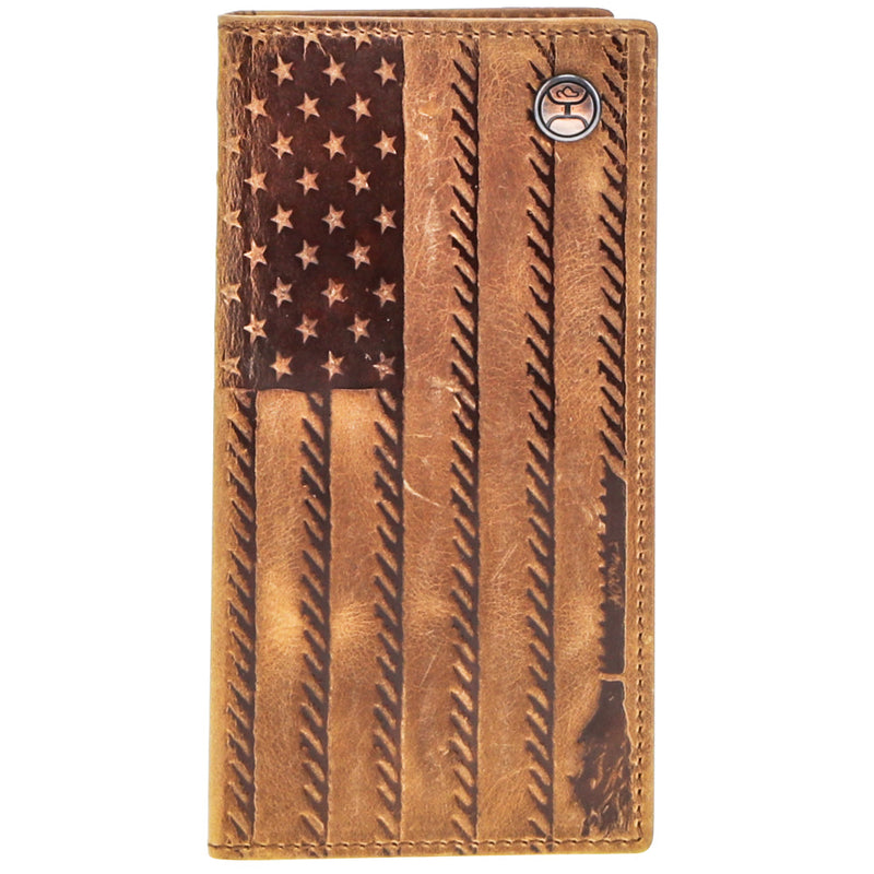 Hooey Liberty Roper tan rodeo wallet with Western stitching and embossed logo, featuring a bi-fold design and multiple card slots.