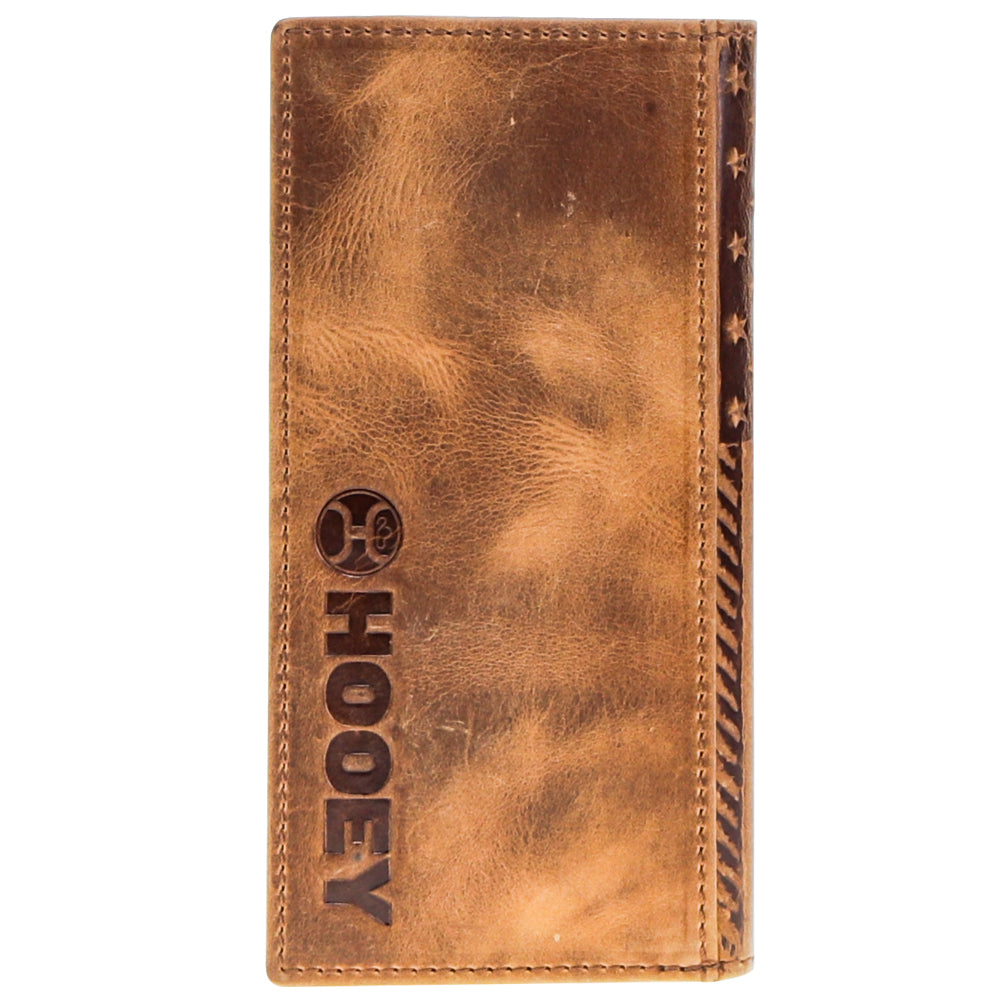Hooey Liberty Roper tan rodeo wallet with Western stitching and embossed logo, made of genuine leather.