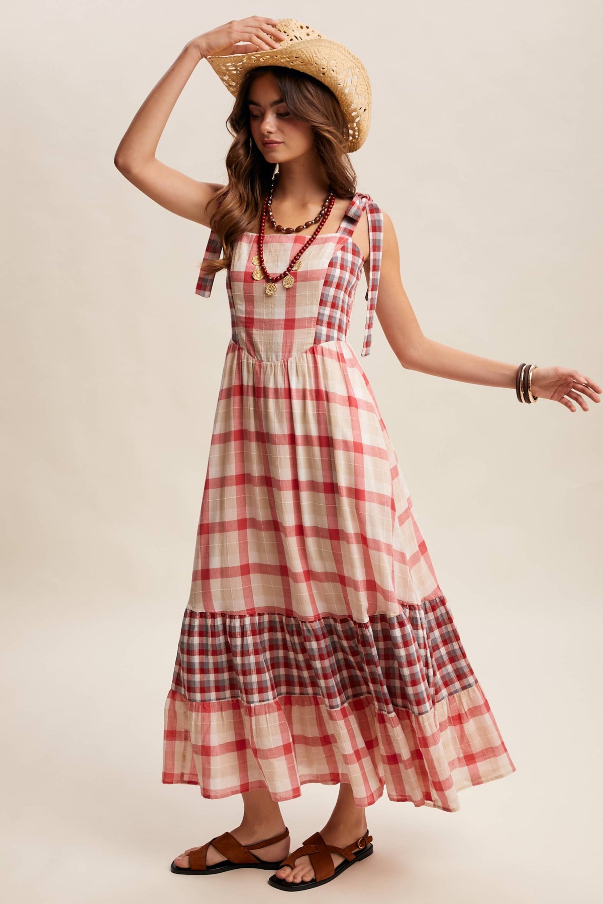 Gingham tiered maxi dress by Listicle, featuring a flowy silhouette, sleeveless design, and classic checkered pattern.