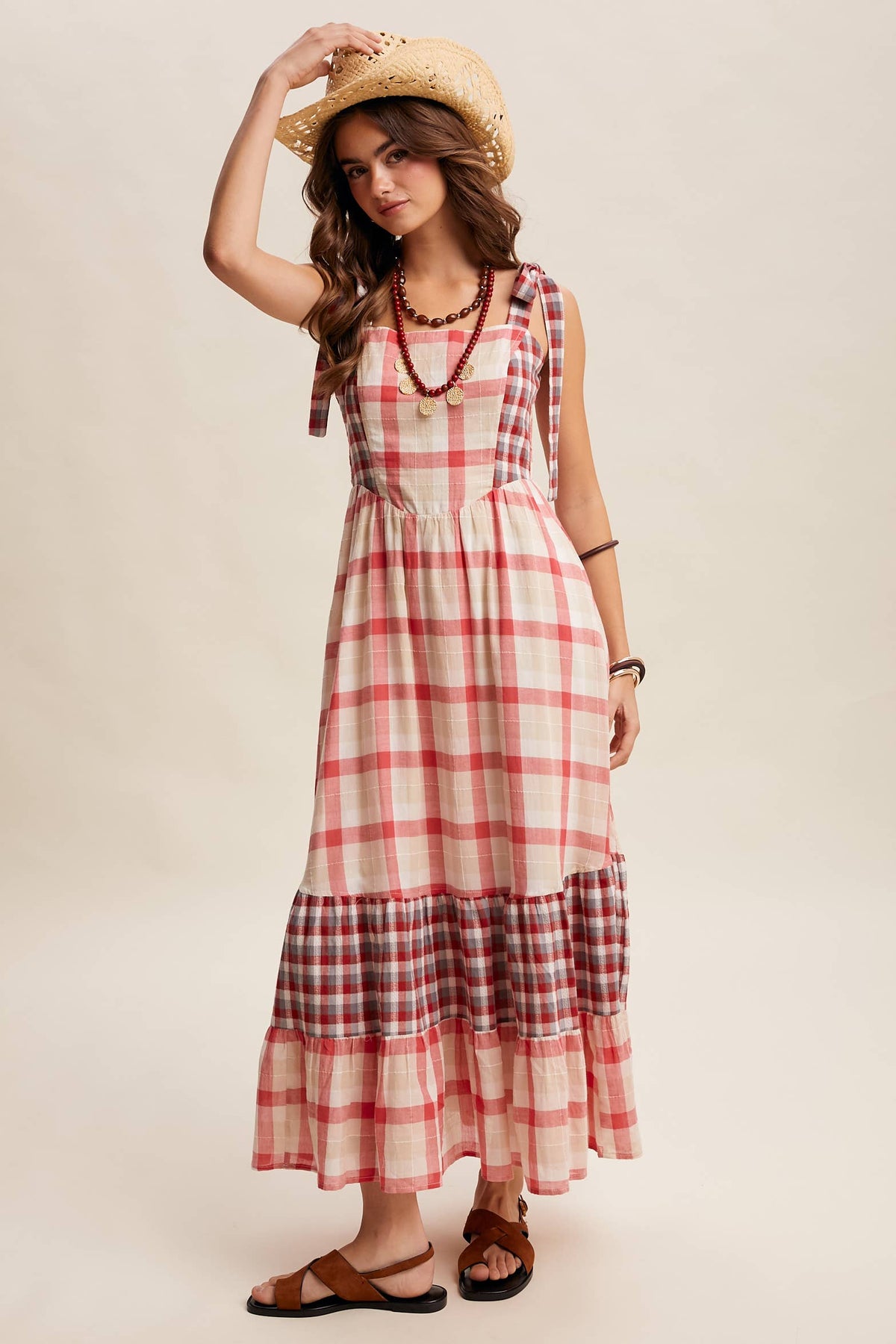 Gingham tiered maxi dress by Listicle, flowy design with ruffled layers and adjustable straps, perfect for summer wear.