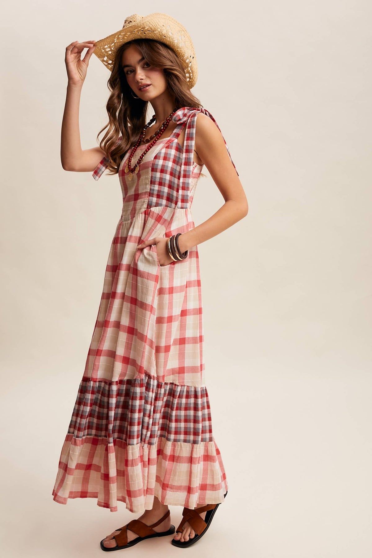 Gingham tiered maxi dress by Listicle featuring a flowy silhouette and tiered design, perfect for casual or summer wear.