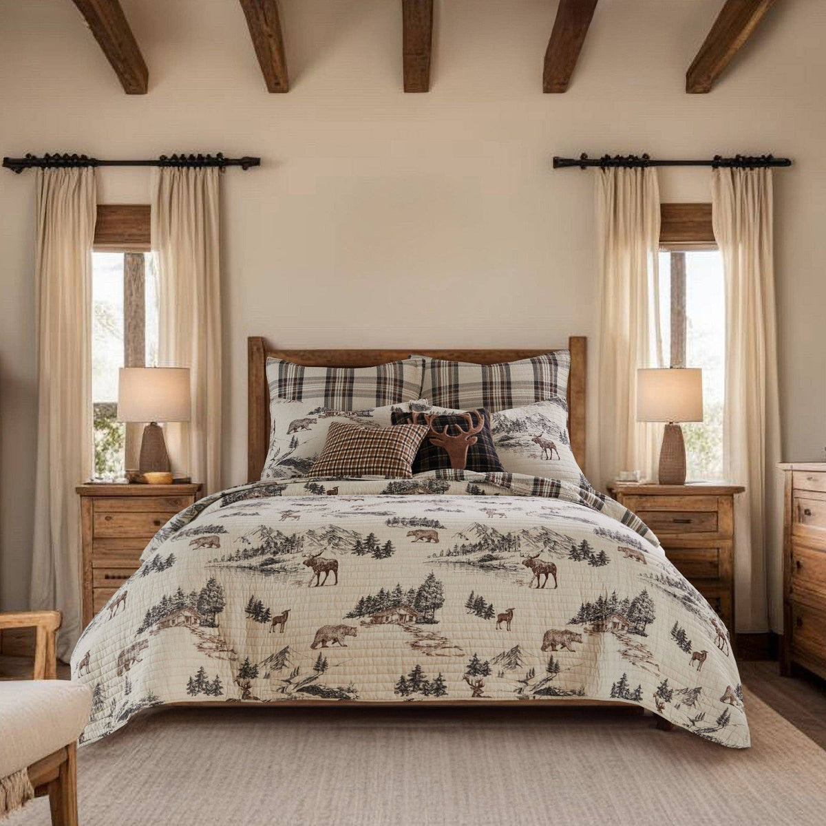 Levtex Home Lodge Toile quilt set in tan for full/queen bedding, featuring classic lodge toile pattern and cozy fabric.