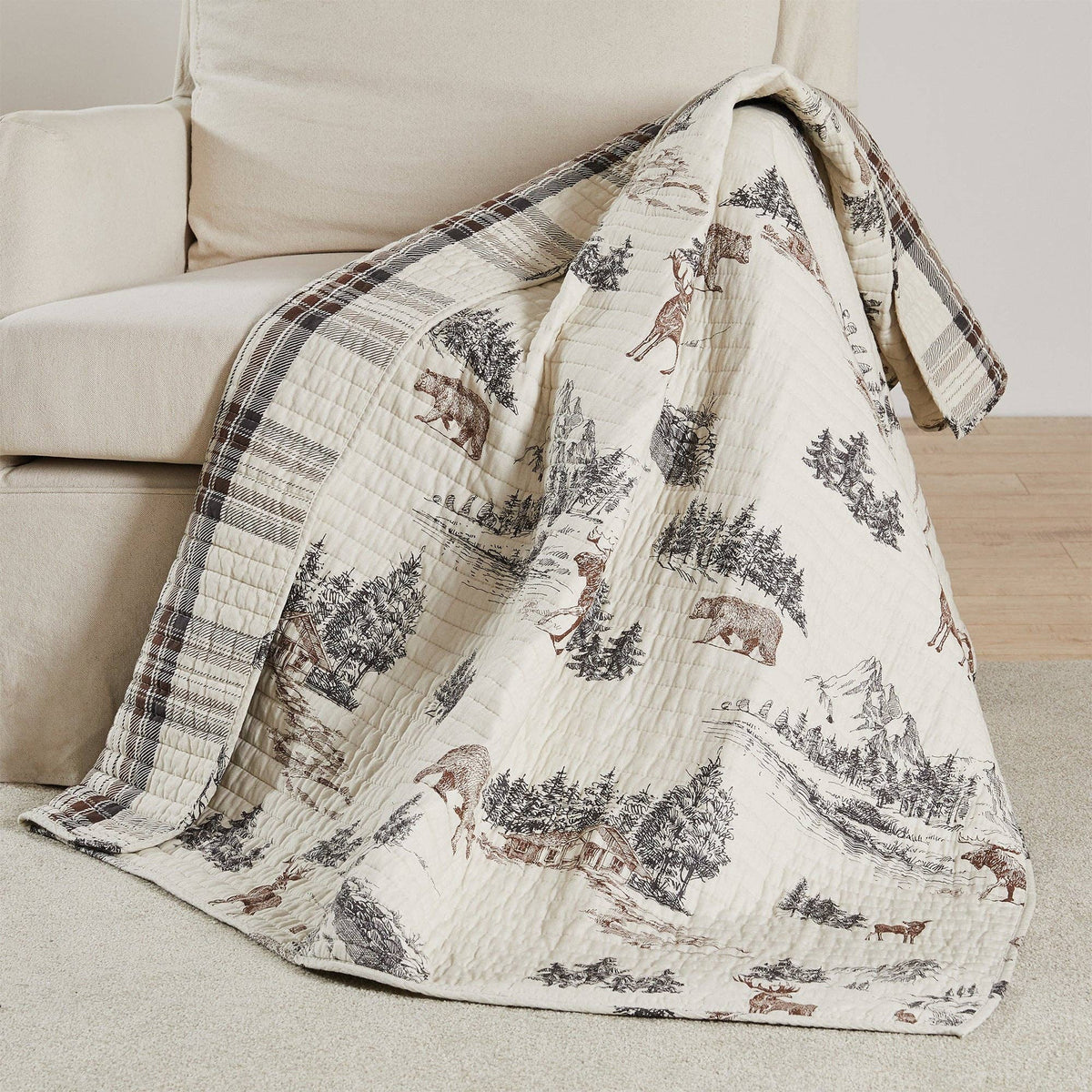 Levtex Home Lodge Toile quilted throw blanket with rustic pattern, cozy and soft for living room or bedroom decor.