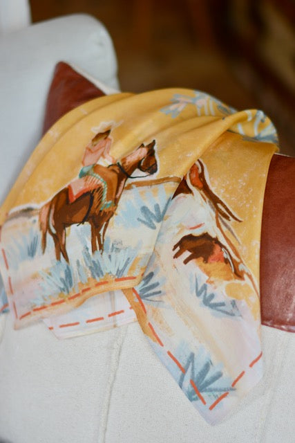 Tirzah Lane Art Longhorn Open Range Cowgirl Wild Rag, a silk Tencel western scarf featuring a Longhorn and cowgirl design.