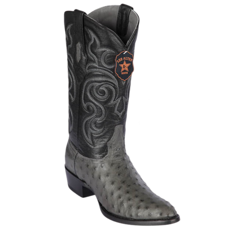 Gray Los Altos men's round toe ostrich Western boots with intricate stitching and Western style design.