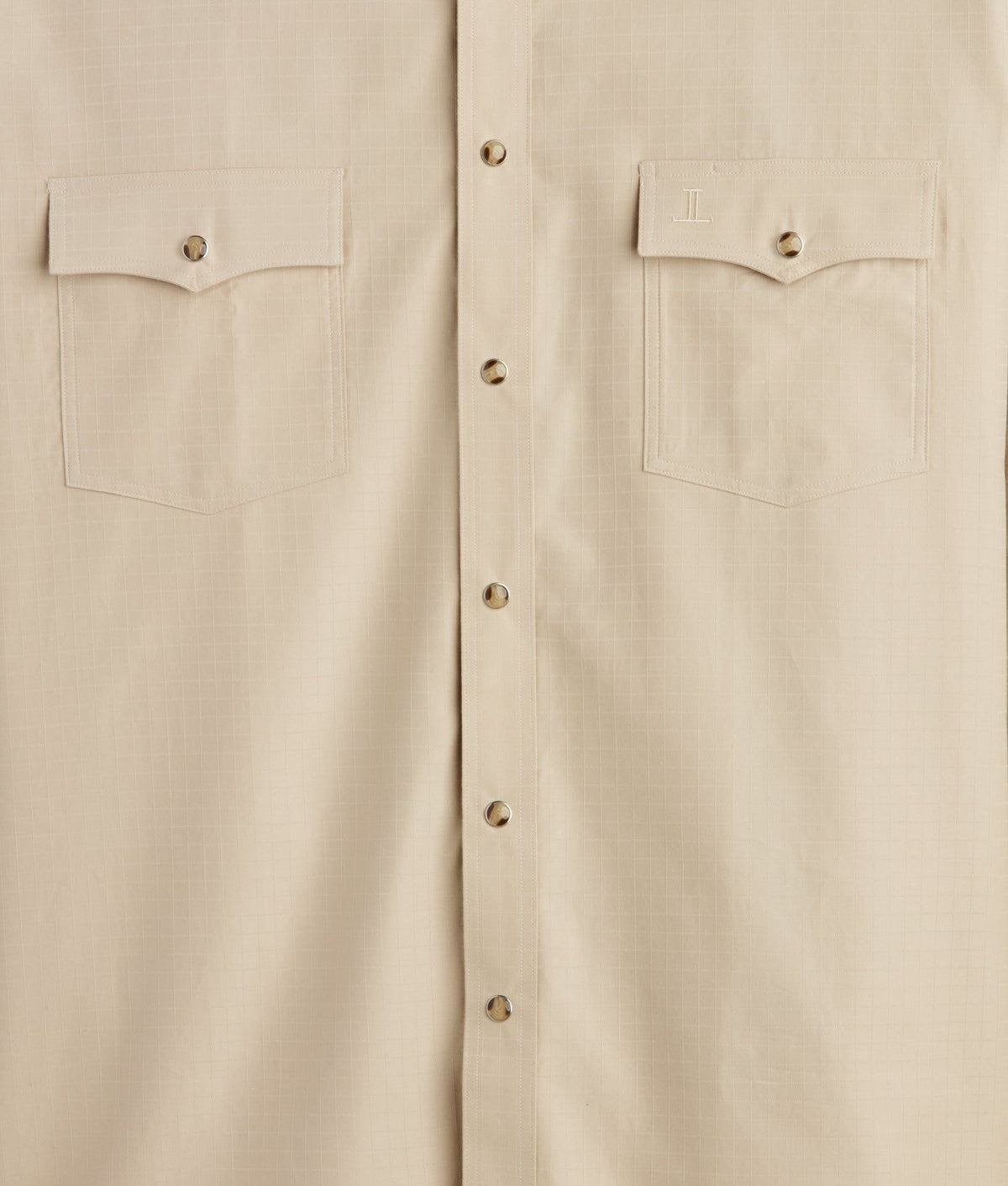 Tan Lucchese El Paso Square Dobby shirt with button-down collar and tailored fit, displayed on a hanger.