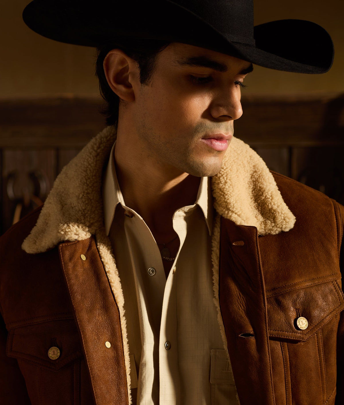 Tan Lucchese El Paso Square Dobby shirt with a button-down collar and intricate geometric pattern, casual men's apparel.