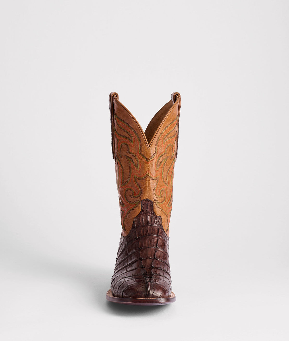 Lucchese Men's Hendrik Caiman Boot, Chocolate Burnished + Tan – toe