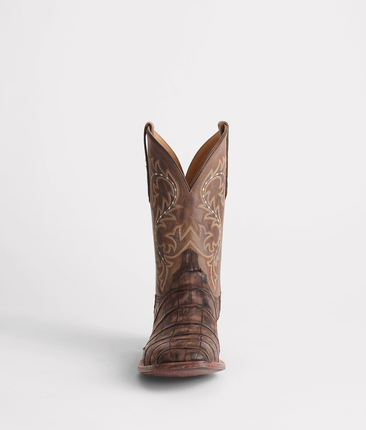 Lucchese Men's Malcolm Alligator Boot, Chocolate + Café Brown – toe