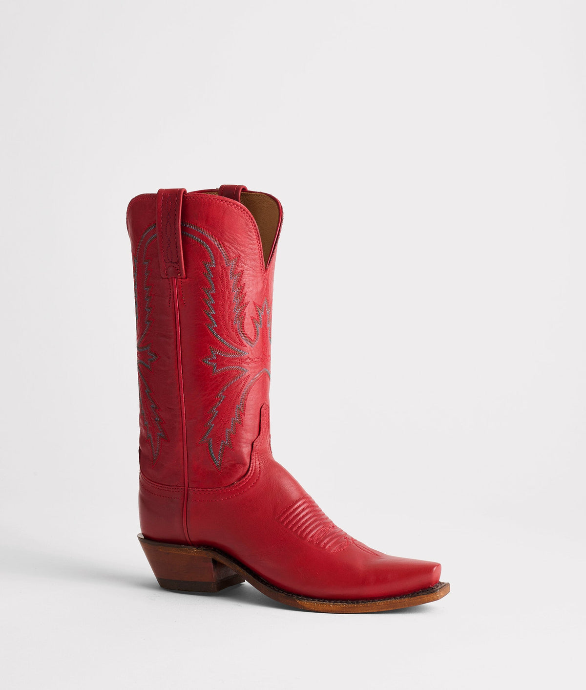 Red Lucchese Savannah cowboy boot with detailed stitching and classic Western design, crafted from high-quality leather.