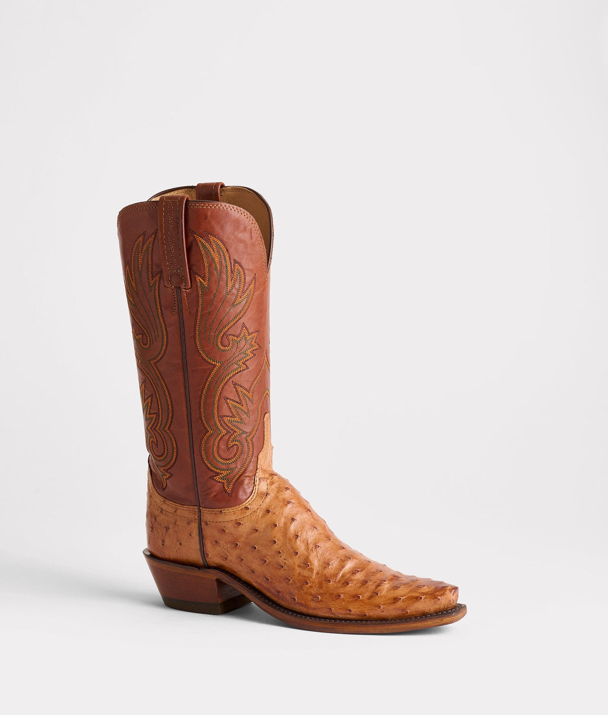 Lucchese Women's Dolly Ostrich Boot, Barnwood + Tan – 3/4 front
