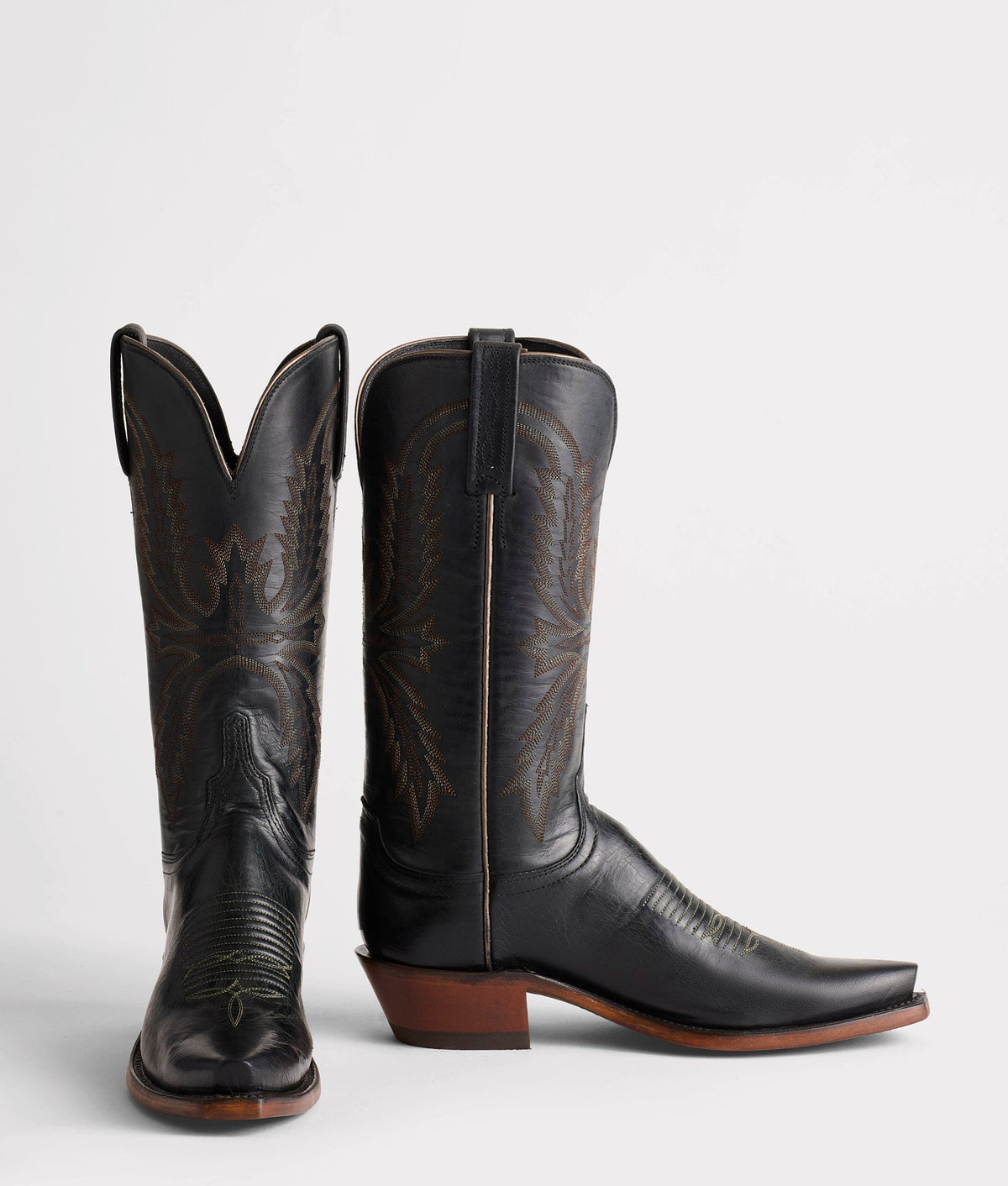 Lucchese Women's Savannah black leather cowboy boots with pointed toes and decorative stitching.