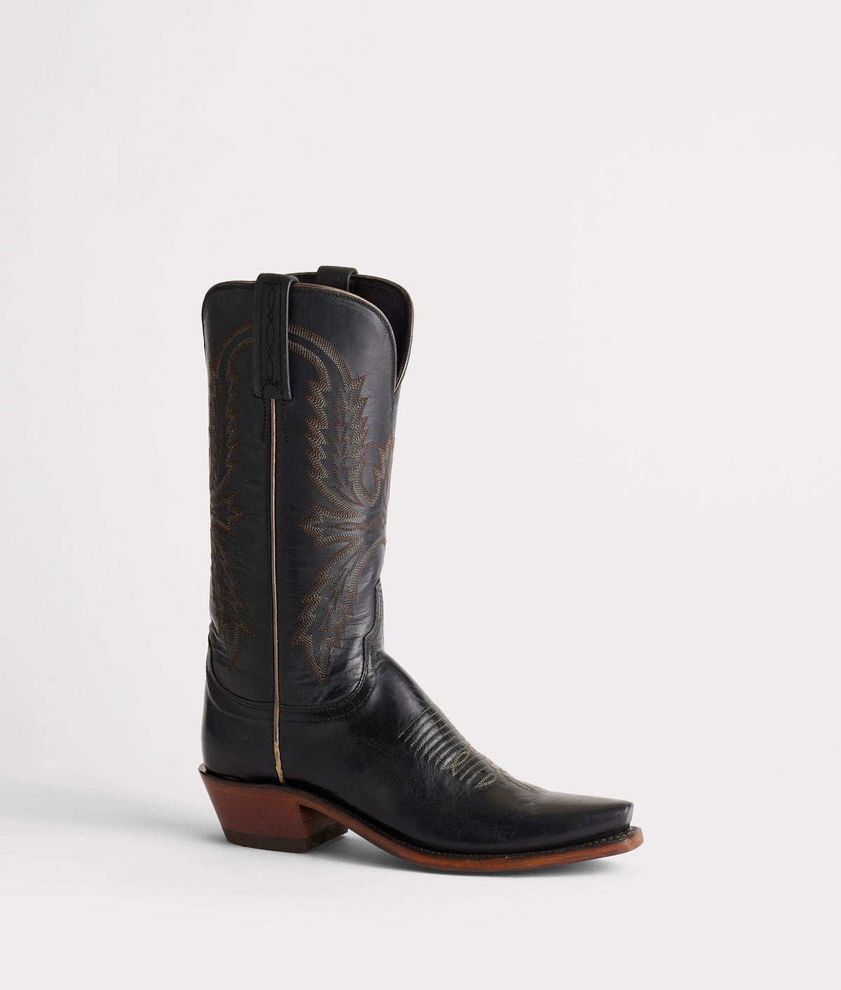 Lucchese Women's Savannah black leather cowboy boots with pointed toes and decorative stitching.