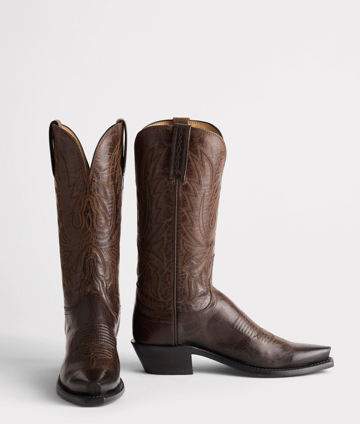 Lucchese Women's Savannah chocolate leather cowboy boot with pointed toe and decorative stitching.