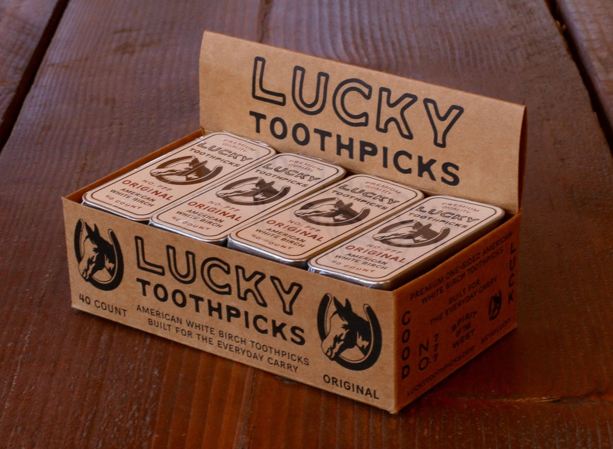 Lucky Toothpicks No. 777 Original American White Birch Toothpicks, 40 Count Tin – display box
