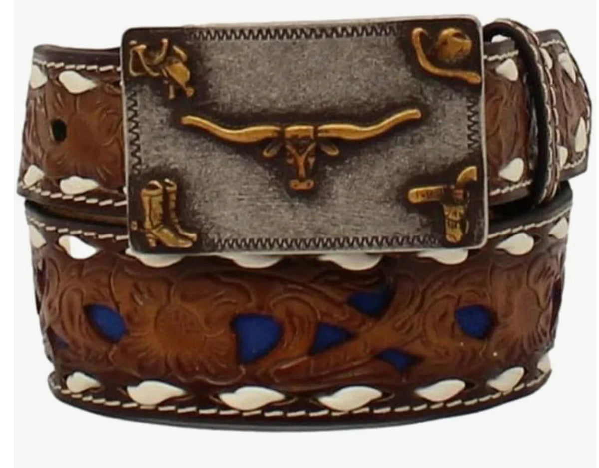 3D boys' brown 1/4-inch pierced overlay buck lacing belt by M&F showing detailed lacing and buckle design