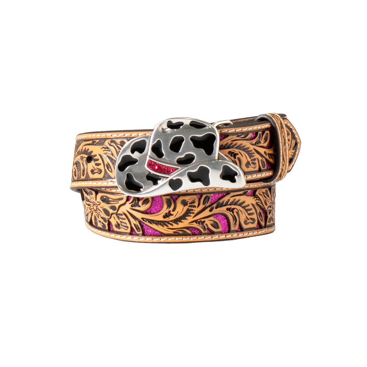 Angel Ranch girls' 1/4-inch floral filigree glitter underlay belt by M&F, featuring intricate floral design and sparkling details.