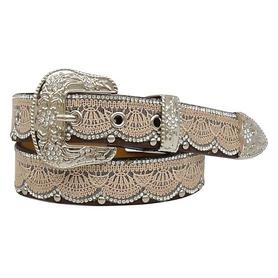 Angel Ranch girls' tan lace belt with clear crystals, 1/4 inch width, stylish belt by M&F featuring delicate lace and crystal details.