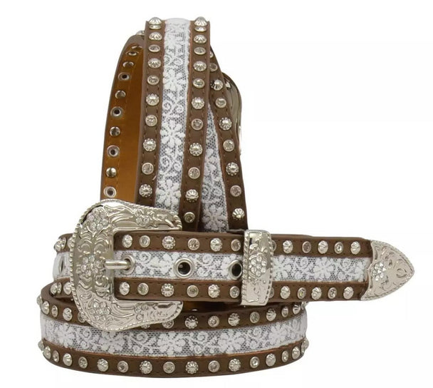 Angel Ranch girls' 1/4-inch white lace inlay silver stones belt by M&F, featuring delicate lace and sparkling silver stones.