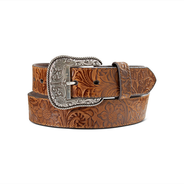 Ariat women's brown floral embossed leather belt with a 1/2-inch width, stylish and suitable for casual or dress outfits.